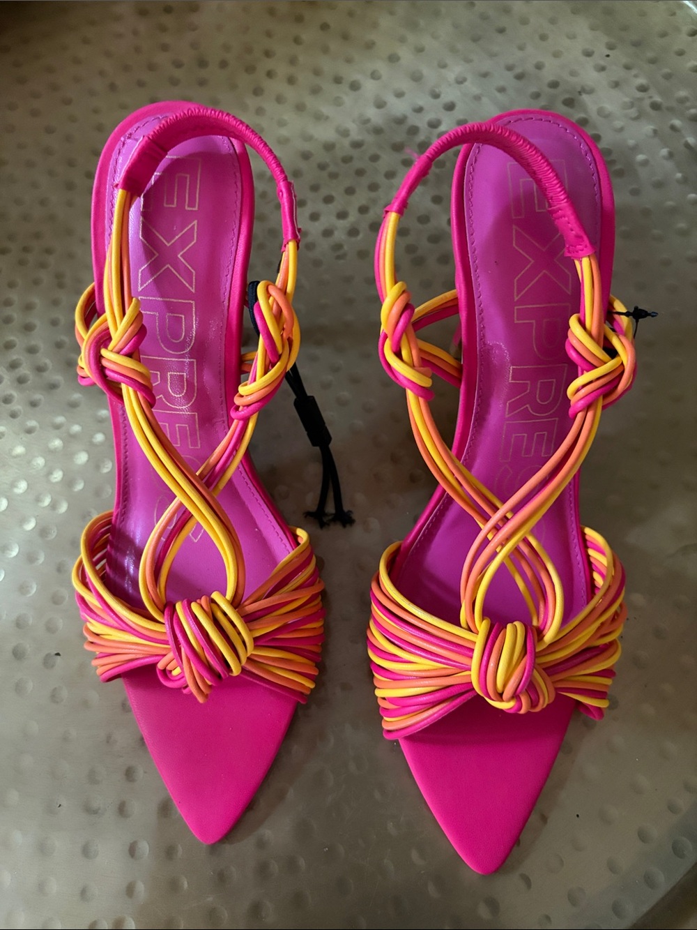 Express Women's Hot Pink Knotted Slingback Heels with Yellow Accents